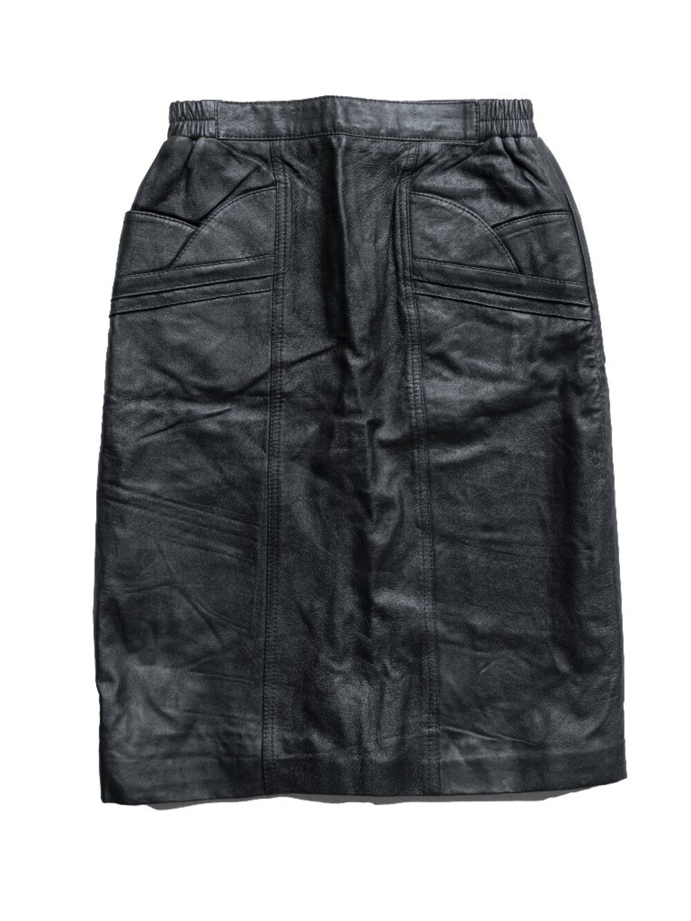 Vintage 80s LEATHER Skirt Black High Waist Knee Length Retro Vamp Pencil Skirt